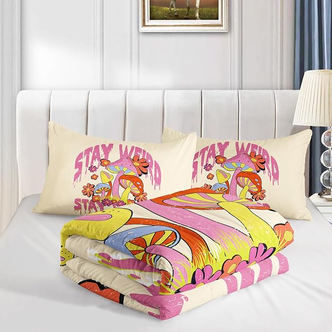 Axolotl Cartoon Mushroom Comforter Set Queen,Colorful Mushrooms Bedding Girls Bedding Set,Floral Comforter Set Red Pink Flower,Cute Mushroom Bedding Set For Kids Boys Girls Teens,1 Quilt 2 Pillowcases - LeafyLoom