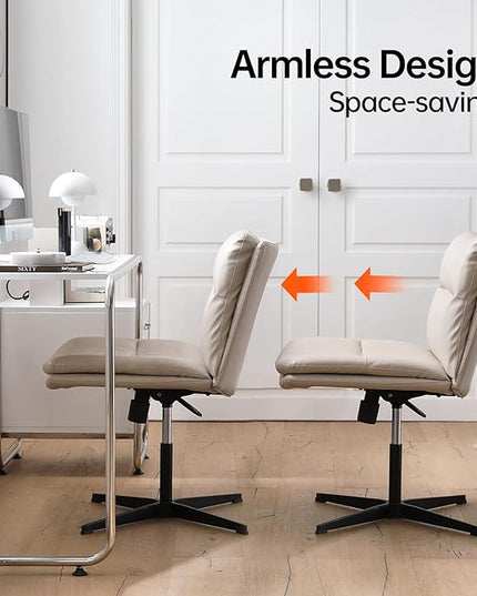 EMIAH Armless Office Desk Chair No Wheels PU-Padded Vanity Mid-Back Ergonomic Home Computer Comfortable Adjustable Swivel Task Chair with Thickened Cushion - LeafyLoom