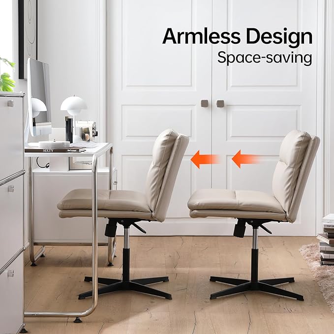 EMIAH Armless Office Desk Chair No Wheels PU-Padded Vanity Mid-Back Ergonomic Home Computer Comfortable Adjustable Swivel Task Chair with Thickened Cushion - LeafyLoom