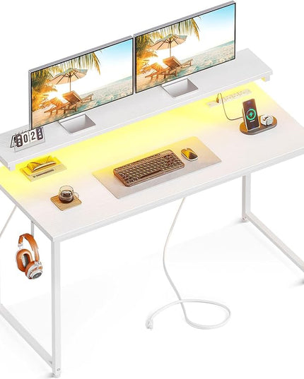 AODK Computer Desk, 48 Inch Gaming Desk with LED Lights and Power Outlet, Office Desk with Adjustable Monitor Shelf (3 Heights), Computer Table Work Desk for Home/Bedroom, White - LeafyLoom