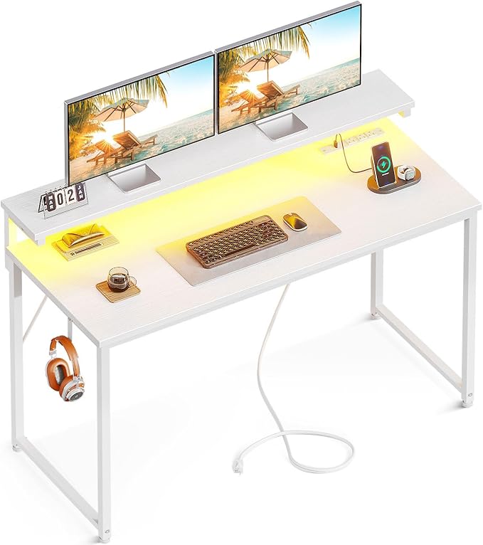 AODK Computer Desk, 48 Inch Gaming Desk with LED Lights and Power Outlet, Office Desk with Adjustable Monitor Shelf (3 Heights), Computer Table Work Desk for Home/Bedroom, White - LeafyLoom