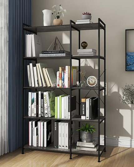 Bookshelf 5 Tier Deformable Corner Bookcase Free Standing Modern Industrial Book Storage Display Book Shelf for Bedroom Living Room Study Room Office (Dark Grey) - LeafyLoom