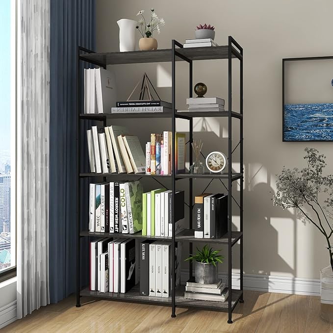 Bookshelf 5 Tier Deformable Corner Bookcase Free Standing Modern Industrial Book Storage Display Book Shelf for Bedroom Living Room Study Room Office (Dark Grey) - LeafyLoom