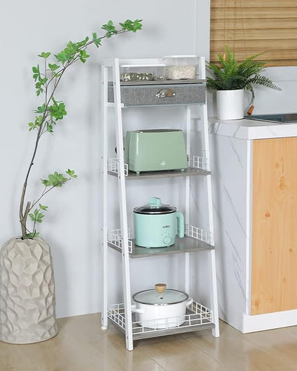 keomaisyto 4-Tier Elegant Ladder Shelf, Bathroom Storage Shelf, Ladder Bookshelf with Drawer, Freestanding Storage Shelves for Bathroom Living Room Study Office, White - LeafyLoom