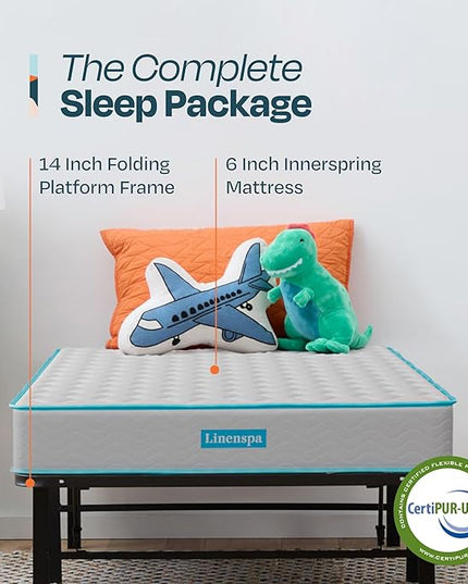 Linenspa 6-Inch Innerspring Mattress - Twin + 14-Inch Folding Platform Bed Frame - LeafyLoom