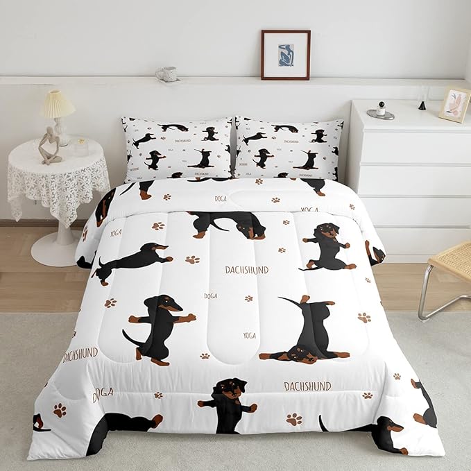 Feelyou Sausage Dog Bedding Set Boys Dachshund Comforter Set for Kids Teens Ultra Soft Puppy Dog Comforter Kawaii Pet Brown Duvet Set Room Decor Twin Size Quilt Set - LeafyLoom