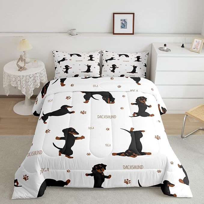 Feelyou Sausage Dog Bedding Set Boys Dachshund Comforter Set for Kids Teens Ultra Soft Puppy Dog Comforter Kawaii Pet Brown Duvet Set Room Decor Queen Size Quilt Set - LeafyLoom