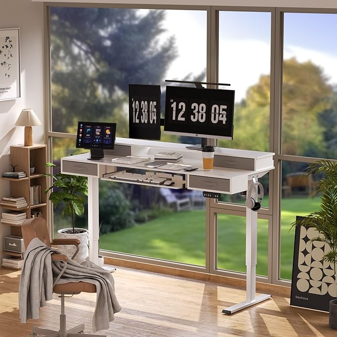 Electric Standing Desk, Multifunctional Standing Desk Adjustable Height, 55 * 24 Standing Desk with 4 Drawers, Ergonomic Adjustable Standing Desk with Keyboard Tray, Snow White - LeafyLoom