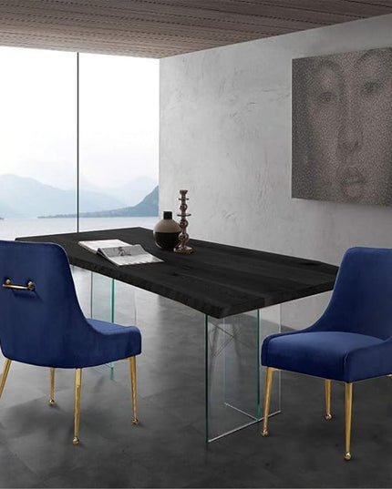 Meridian Furniture Owen Collection Modern | Contemporary Velvet Upholstered Dining Chair with Polished Gold Legs, Set of 2, 24" W x 21" D x 34.5" H, Navy - LeafyLoom