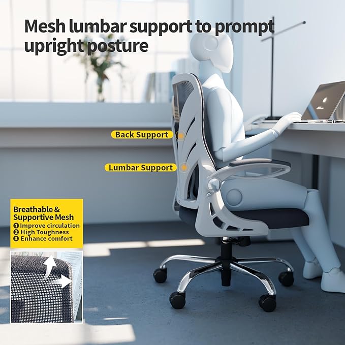 Ergonomic Office Chair with Foldable Backrest, Computer Desk Chair with Flip-up Armrests, Mesh Lumbar Support and Tilt Function Big and Tall Office Chair, White - LeafyLoom