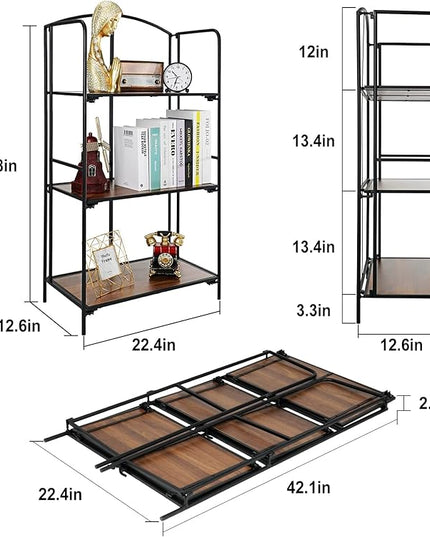 No Assembly Folding Bookshelf, 3 Tier Black Bookshelf, Metal Book Shelf for Storage, Folding Bookcase for Office Organization and Storage, 12.6" D x 22.44" W x 42.13" H - LeafyLoom