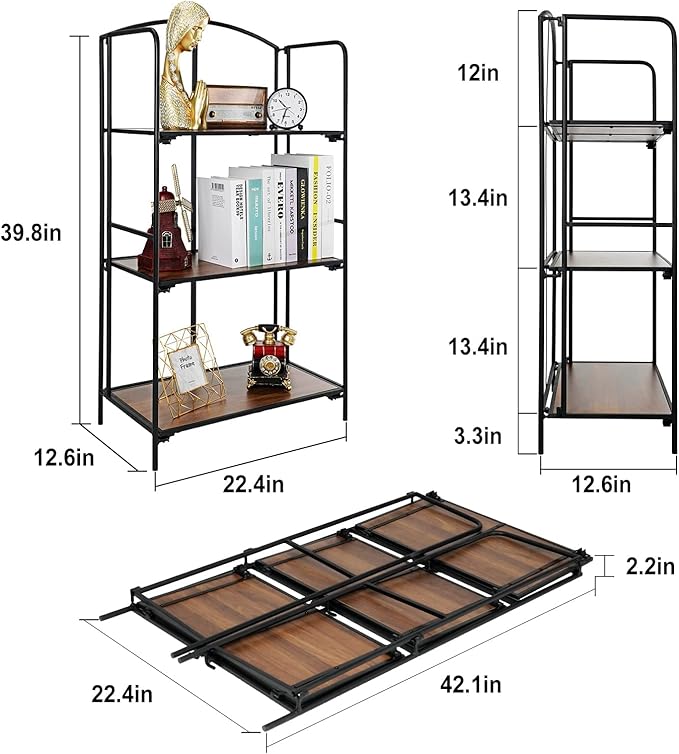 No Assembly Folding Bookshelf, 3 Tier Black Bookshelf, Metal Book Shelf for Storage, Folding Bookcase for Office Organization and Storage, 12.6" D x 22.44" W x 42.13" H - LeafyLoom