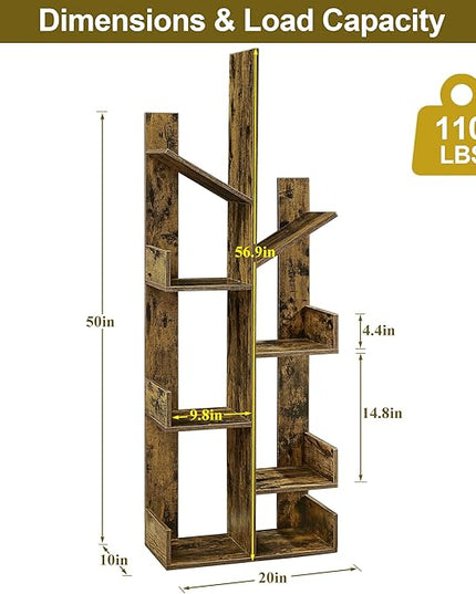 VECELO 8 Shelf Tree Bookcase,Wooden Tree Bookshelf Display with 8 Storage Shelves,Tree-Shaped Shelf Racks Organizer for Books,Magazines,CDs Decors for LivingRoom Bedroom Home Office,Rustic Brown - LeafyLoom