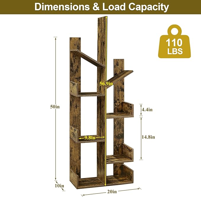 VECELO 8 Shelf Tree Bookcase,Wooden Tree Bookshelf Display with 8 Storage Shelves,Tree-Shaped Shelf Racks Organizer for Books,Magazines,CDs Decors for LivingRoom Bedroom Home Office,Rustic Brown - LeafyLoom
