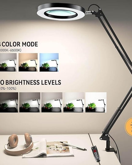 Magnifying Glass with Light and Stand, Desk Lamp with 10X Magnifying, 3 Color Modes, Dimmable Swivel Arm Magnifier Light for Crafts Workbench - LeafyLoom