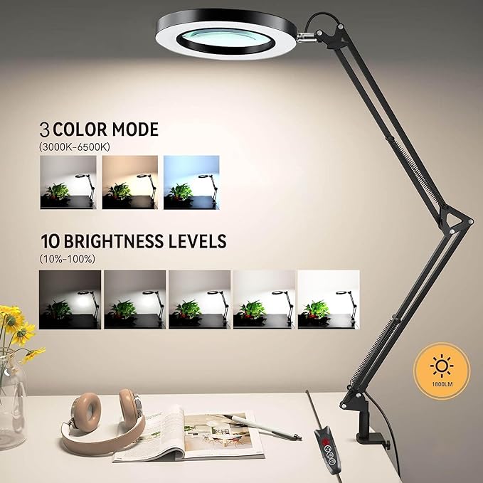 Magnifying Glass with Light and Stand, Desk Lamp with 10X Magnifying, 3 Color Modes, Dimmable Swivel Arm Magnifier Light for Crafts Workbench - LeafyLoom