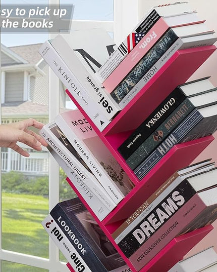 8 Tier Tree Bookshelf with Drawer, Free Standing Wood Bookcase for Narrow Space, Storage Organizer Bookshelves for Books, Book Case for Home Office, Living Room, Bedroom - Pink - LeafyLoom