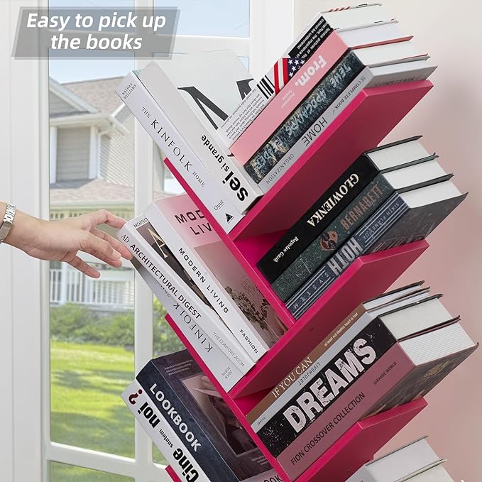 8 Tier Tree Bookshelf with Drawer, Free Standing Wood Bookcase for Narrow Space, Storage Organizer Bookshelves for Books, Book Case for Home Office, Living Room, Bedroom - Pink - LeafyLoom