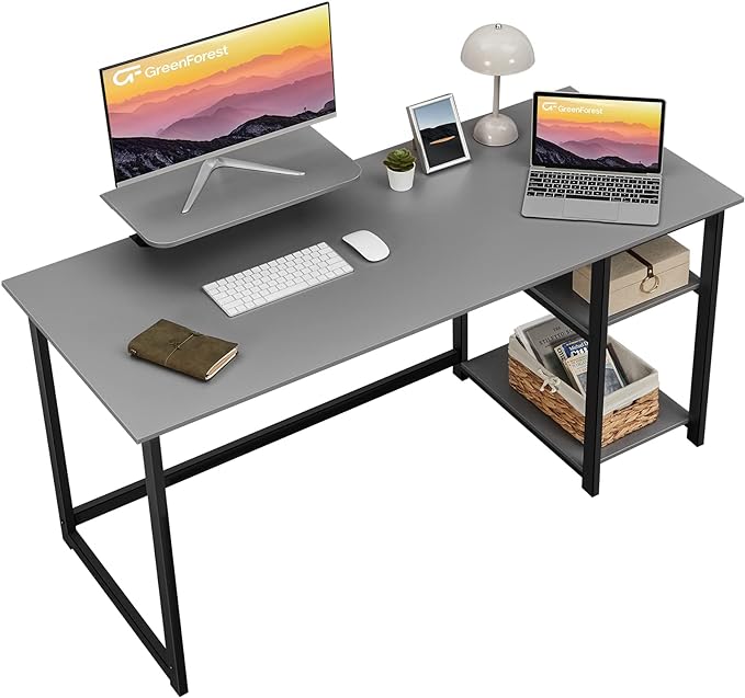 GreenForest Computer Desk with Monitor Stand,47 inch Home Office Desk with Reversible Storage Shelves,Modern Writing Desk Study PC Laptop Work Table,Grey - LeafyLoom
