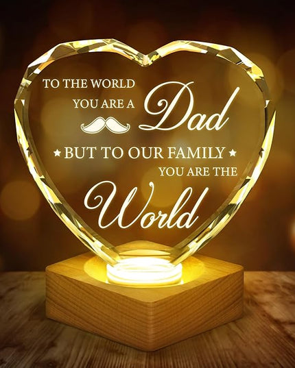 Birthday Gift To My Dad, 3D Heart Shape Crystal Plaque, Engraved Night Light Lamp Presents for Dad, Best Dad Ever, 3D LED BOX Birthday Thank You Gifts with 100% Solid Wooden Base Greeting Card - LeafyLoom