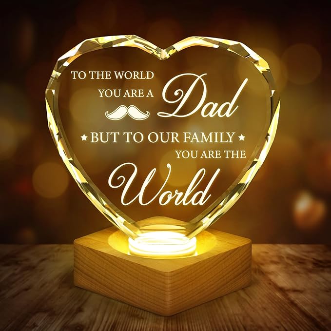 Birthday Gift To My Dad, 3D Heart Shape Crystal Plaque, Engraved Night Light Lamp Presents for Dad, Best Dad Ever, 3D LED BOX Birthday Thank You Gifts with 100% Solid Wooden Base Greeting Card - LeafyLoom