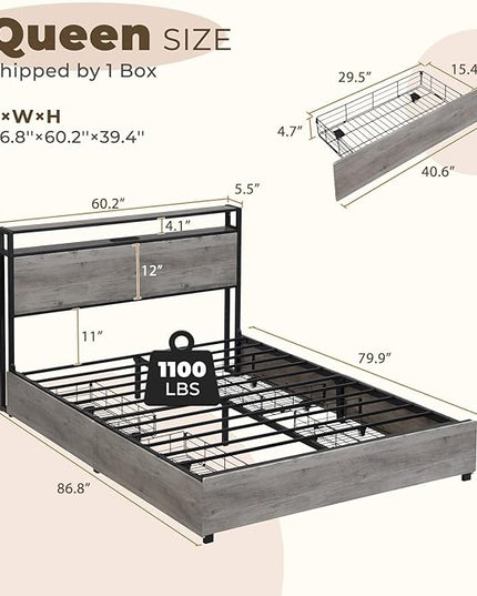 LED Queen Bed Frame with 4 Storage Drawers & Charging Station, Platform Metal Bed Frame with Headboard, Noise-Free, No Box Spring Needed, Ancient Gray - LeafyLoom