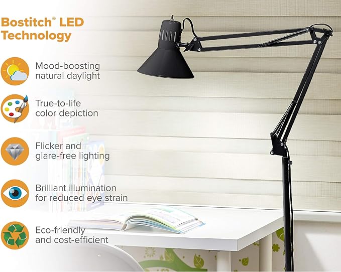 Bostitch Office VLF100F Swing Arm Metal Floor Lamp, 72" Tall with Multi-Joint Adjustment, Includes Replaceable LED Bulb (VLF), Black - LeafyLoom