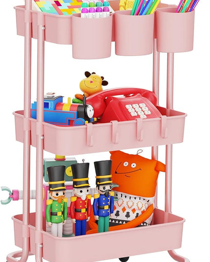 3-Tier Rolling Mobile Utility Cart with Hanging Cups & Hooks & Handle Multifunctional Organizer Storage Trolley Service Cart with Wheels Easy Assembly for Office, Bathroom, Kitchen(Pink) - LeafyLoom