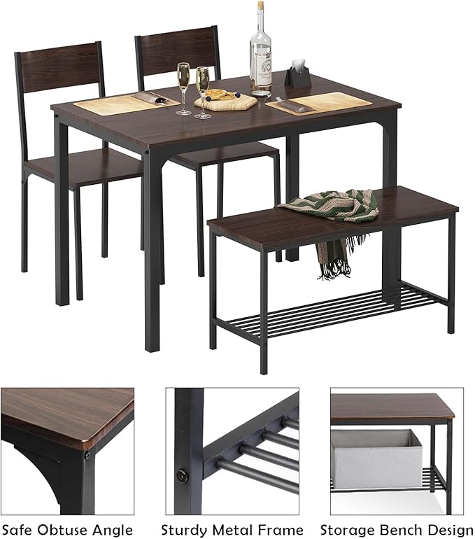 soges Dining Table Set for 4, 43.3 inch Kitchen Table set with Chairs and Bench, 4 Piece Dining Room Table Set for Small Space, Apartment, Restaurant, Rustic Oak - LeafyLoom