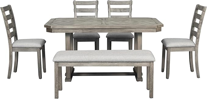 6 Piece Rubber Table Set with Beautiful Grain Pattern Tabletop Solid Veneer and Soft Cushion, for Kitchen, Living, Dining Room, Home Bar, Gray Wood - LeafyLoom