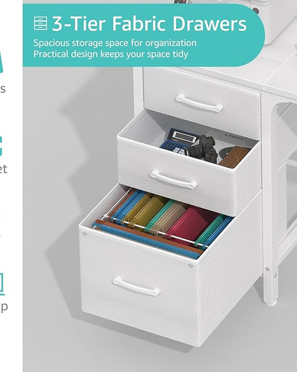 Lufeiya White Computer Desk with File Drawers Cabinet, 47 Inch Home Office Desks with Fabric Filing Cabinet for Small Space, Modern Writing Table PC Desks, White - LeafyLoom