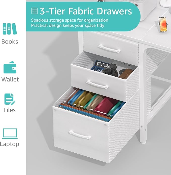 Lufeiya White Computer Desk with File Drawers Cabinet, 47 Inch Home Office Desks with Fabric Filing Cabinet for Small Space, Modern Writing Table PC Desks, White - LeafyLoom