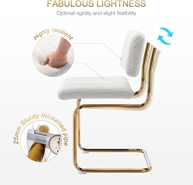 Zesthouse Mid Century Dining Chairs Set of 2, White Boucle Dining Room Chairs with Gold Legs, Upholstered Armless Accent Chairs Side Chairs for Living Room - LeafyLoom