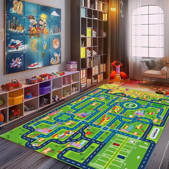 Car Rug Play Mat,Road Rug Kid Play Mat,Playroom Toy Car Mat, Kids Carpet City Map for Bedroom Classroom,Extra Large Thick (59X39.4 Inch) - LeafyLoom
