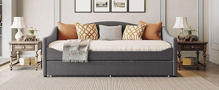 RITSU Twin Size Teddy Fleece Upholstered Daybed with Light and Trundle, Smarter LED Sofa Bed Frame, No Spring Box Needed, Modern Design, Weight Capacity 500 LBS, for Bedroom, Living Room, Gray - LeafyLoom