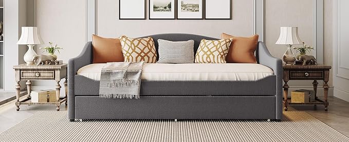 RITSU Twin Size Teddy Fleece Upholstered Daybed with Light and Trundle, Smarter LED Sofa Bed Frame, No Spring Box Needed, Modern Design, Weight Capacity 500 LBS, for Bedroom, Living Room, Gray - LeafyLoom