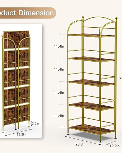 FRAPOW Folding Bookshelf No Assembly, 5 Tier Shelf Gold Collapsible Bookcase, Arched Metal Display Tall Book Shelf with Storage Shelves for Bedroom, Living Room, Home Office, Dorm - LeafyLoom