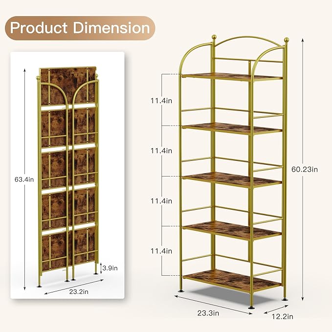 FRAPOW Folding Bookshelf No Assembly, 5 Tier Shelf Gold Collapsible Bookcase, Arched Metal Display Tall Book Shelf with Storage Shelves for Bedroom, Living Room, Home Office, Dorm - LeafyLoom