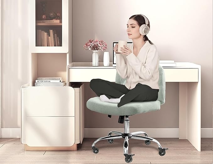 Criss Cross Chair with Wheels, Comfy Fabric Cross Legged Office Chair for Adult, Armless Wide Seat Desk Chair with Lumbar Pillow,Swivel Vanity Chair for Home Office, Conference (Sage Green) - LeafyLoom