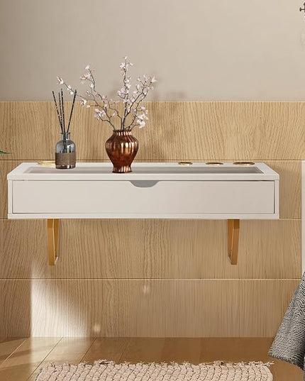 ALIMORDEN Floating Shelf with Drawer,Floating Drawer for Bathroom, White Wall Mounted Desk,Pull Out Drawer, 31 inch Surface, Floating Wall Desk, Hanging Desk, White - LeafyLoom