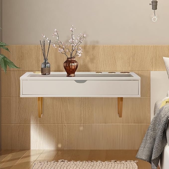ALIMORDEN Floating Shelf with Drawer,Floating Drawer for Bathroom, White Wall Mounted Desk,Pull Out Drawer, 31 inch Surface, Floating Wall Desk, Hanging Desk, White - LeafyLoom