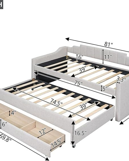 Merax Twin Size Upholstered Daybed with Trundle and Three Storage Drawers, Comfy Sofa-Bed & Padded Backrest for Living Room, Guest Room, Apartments, Both Side Armrests, Solid Wood Slats Support, Beige - LeafyLoom