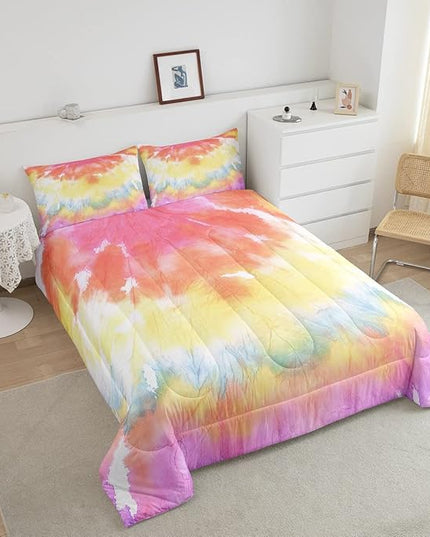 Boho Comforter Set Spiral Tye Dye Pattern 3pc Down Comforter King Size Rainbow Bedding Sets with 2 Pillowcases Soft Comfortable Machine Washable,Trippy Psychedelic Gypsy Duvet Quilt Set for Teen Girl - LeafyLoom