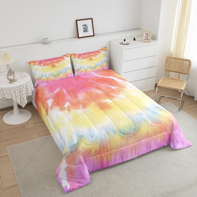 Boho Comforter Set Spiral Tye Dye Pattern 3pc Down Comforter King Size Rainbow Bedding Sets with 2 Pillowcases Soft Comfortable Machine Washable,Trippy Psychedelic Gypsy Duvet Quilt Set for Teen Girl - LeafyLoom