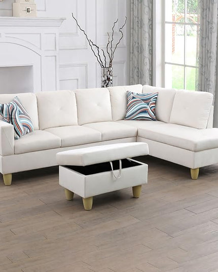 3-Piece L-Shaped Sectional Sofa Set w/Left Chaise and Storage Ottoman-Button Tufted,97" Upholstered Couch for Living Room, Home, Office, 97inch, White-1 - LeafyLoom