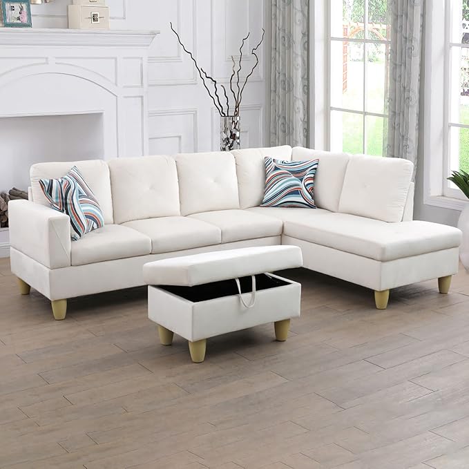 3-Piece L-Shaped Sectional Sofa Set w/Left Chaise and Storage Ottoman-Button Tufted,97" Upholstered Couch for Living Room, Home, Office, 97inch, White-1 - LeafyLoom