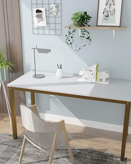 Teraves Computer desk/Dining Table Office Desk Sturdy Writing Workstation for Home Office (55.11“, White+Golden Frame) - LeafyLoom