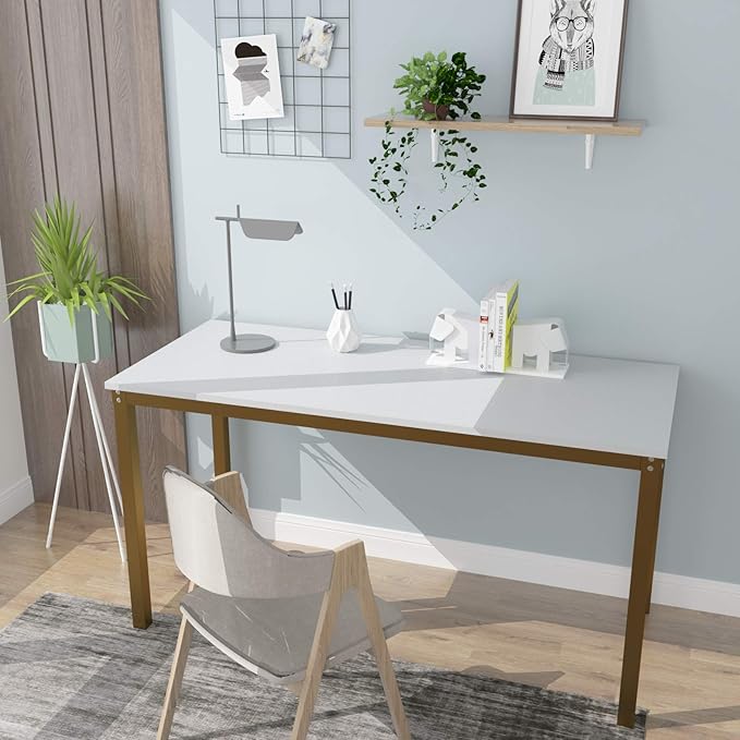 Teraves Computer desk/Dining Table Office Desk Sturdy Writing Workstation for Home Office (55.11“, White+Golden Frame) - LeafyLoom