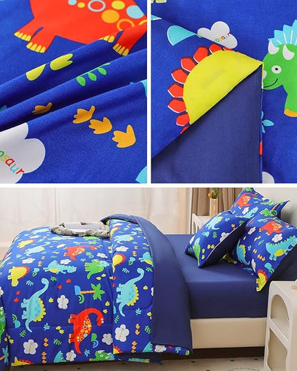 Dinosaur Comforter Set for Boys, 6 Pcs Bed in a Bag Twin Blue Dinosaur Wild Park Jungle Print Kids Bedding Set with Sheets - LeafyLoom