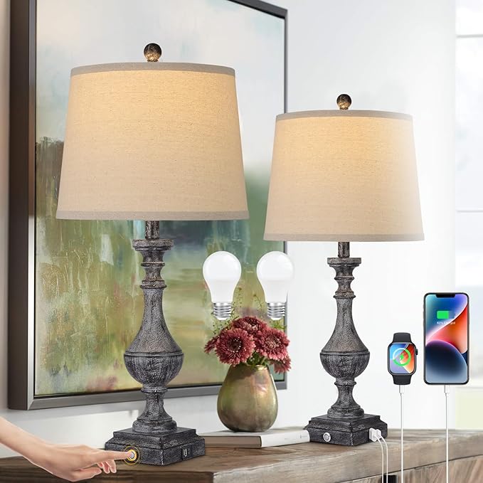 AKASUKI 27.5 Inch Drak Grey Farmhouse Table Lamps for Living Room Set of 2 with USB and Type-C Port, 3-Way Dimmable Table Lamps for Bedroom Vintage Rustic Bedside Lamps for bedrooms(Bulbs Included) - LeafyLoom